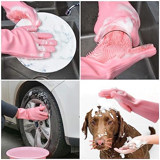 Magic Silicone Dish Washing Gloves, Silicon Cleaning Gloves, Silicon Hand Gloves for Kitchen Dishwashing and Pet Grooming, Great for Washing Dish, Car, Bathroom | Multicolor